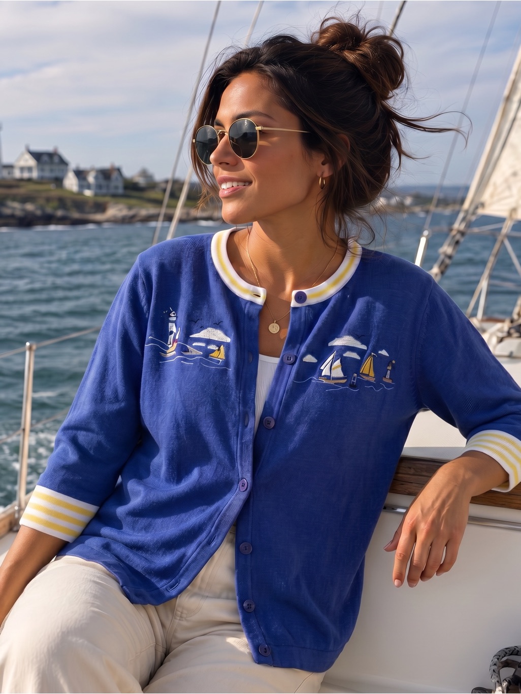 Vintage Breckenridge Embroidered Sailboat Lighthouse Cardigan